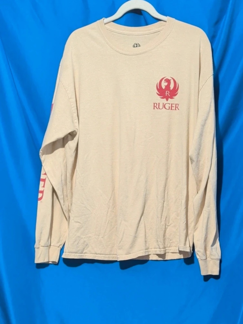 Ruger Beige Long Sleeve Logo Tee with Red Crest